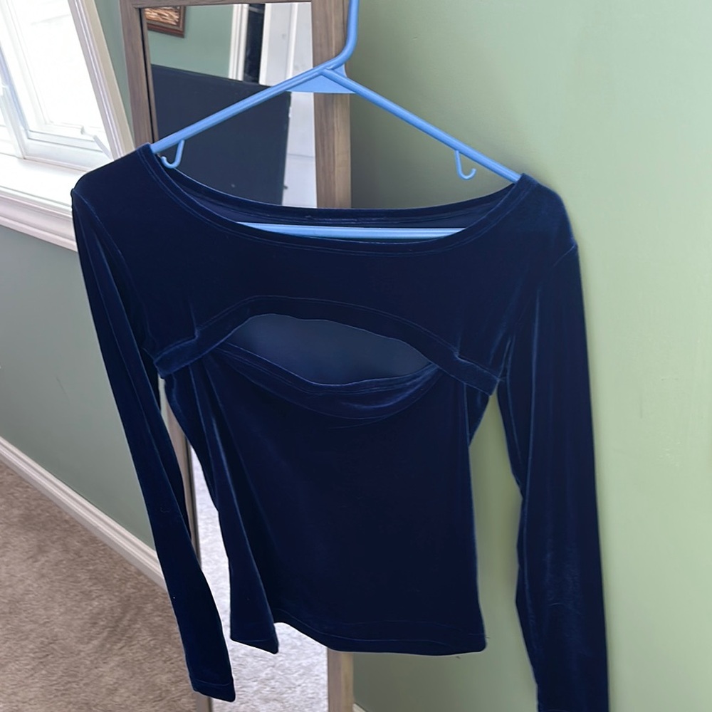 Elegant Blue Cut Out Long Sleeve Blouse